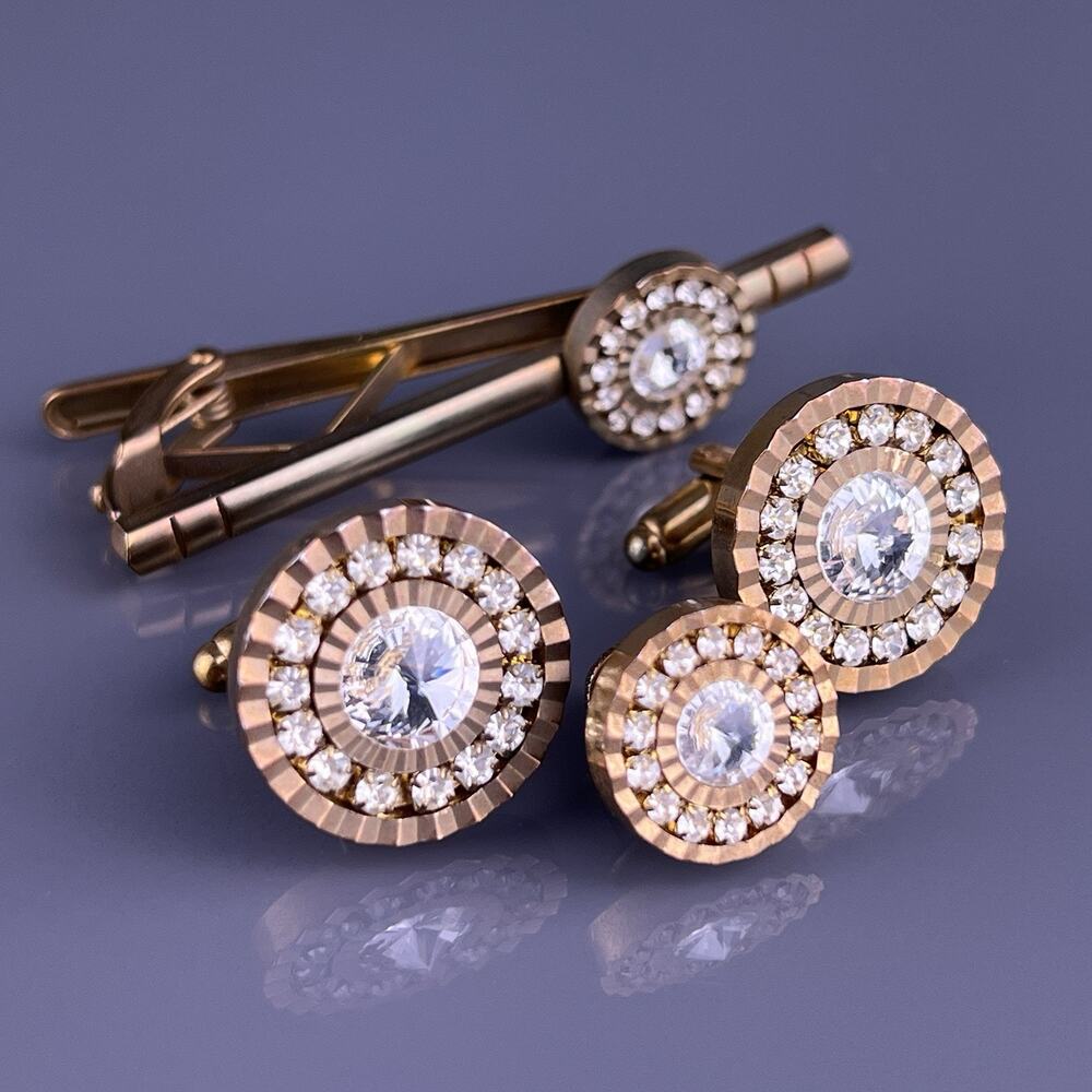White Rhinestone Cufflinks Tie Clip Pin Gold Tone Rays Lines Flashy Vintage